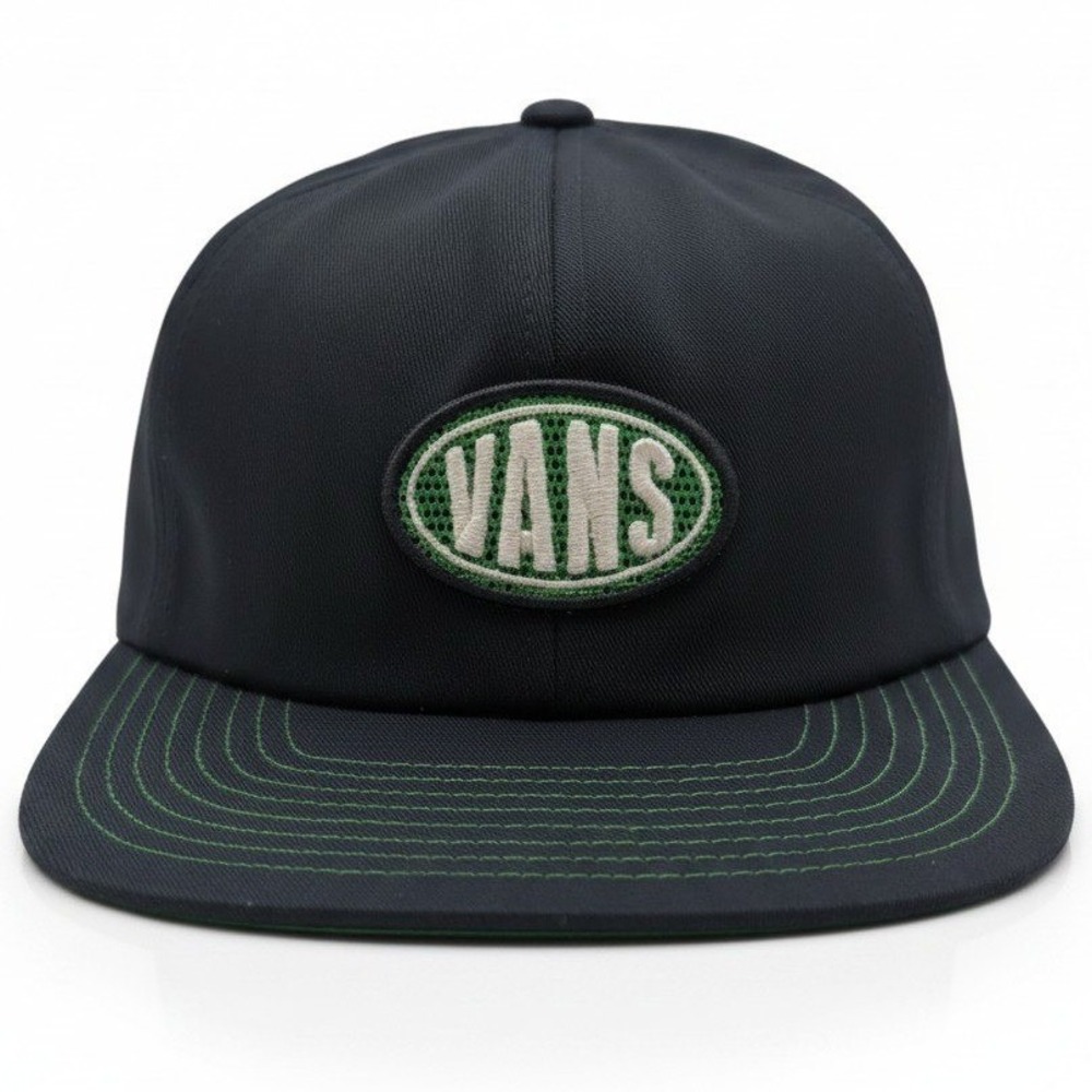 Vans Spray On Jockey Hat Black Green Oval Logo Strapback Cap VN000MPHBLK OS